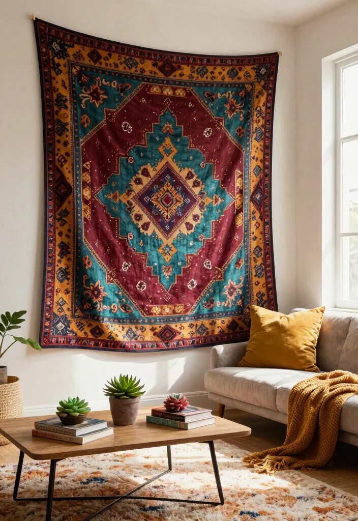 11 Best Wall Art Designs Living Room Focal Points 1. Vibrant Bohemian Tapestries 0