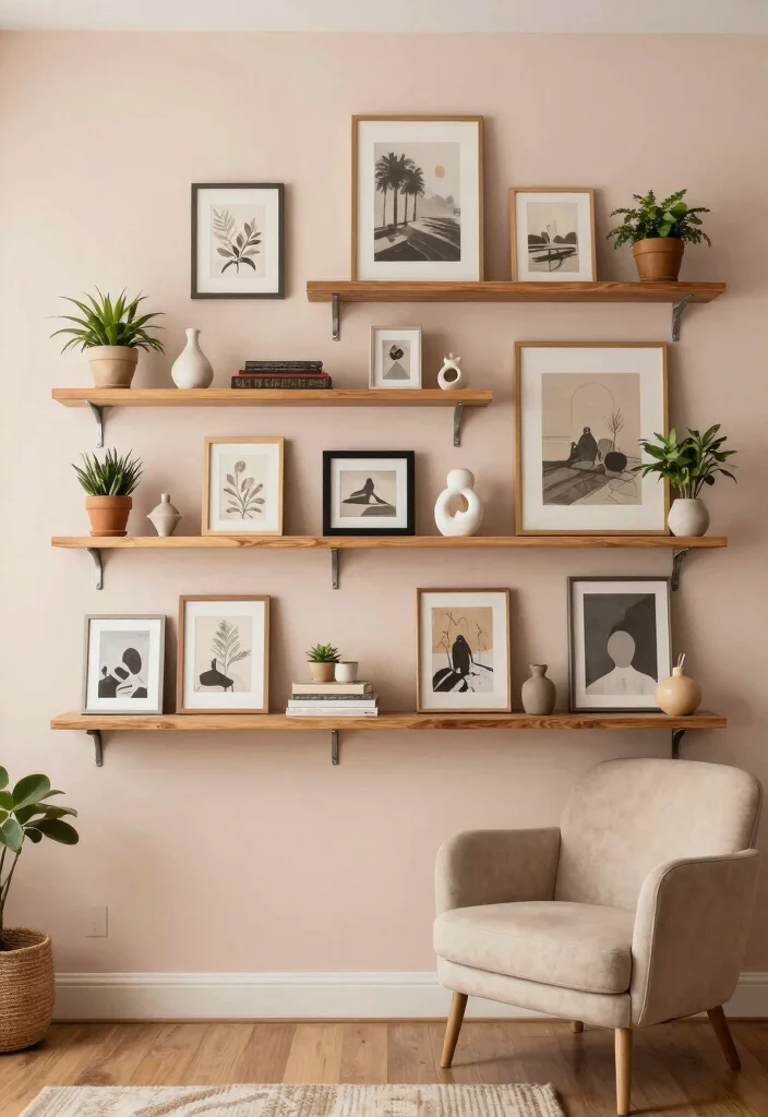 11 Best Wall Art Designs Living Room Focal Points 10. Wall mounted Shelves with Art Displays 0