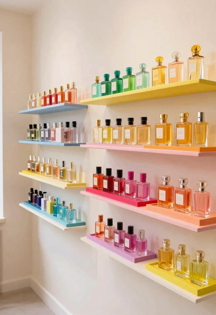 11 Chic Perfume Shelf Ideas Wall Shelves Display 7 11 Chic Perfume Shelf Ideas Wall Shelves Display 7. Color Coded Display for a Fun Twist 0