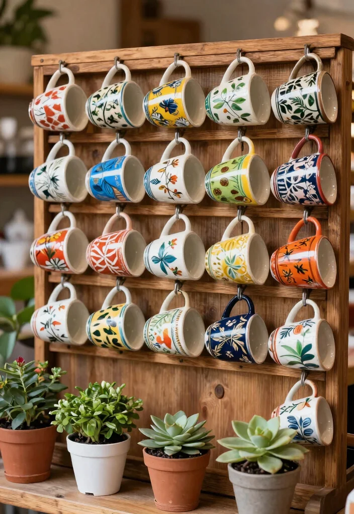 11 Cozy Cafe Decor Ideas Wall Art Bringing the Coffee Shop Vibe Home 4. Hand Painted Mugs Display 0