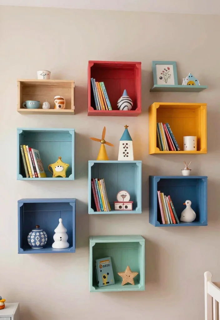 11 Cute Nursery Book Shelf Wall Ideas Kids Room 3. DIY Crate Shelves 0