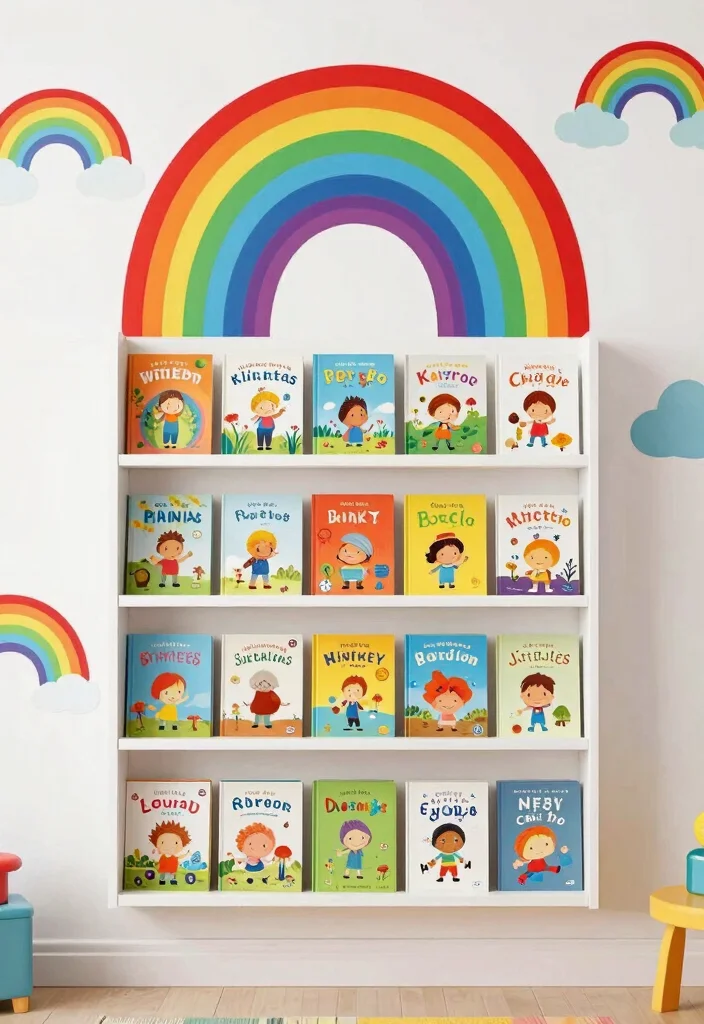 11 Cute Nursery Book Shelf Wall Ideas Kids Room 4. Rainbow Book Wall 0