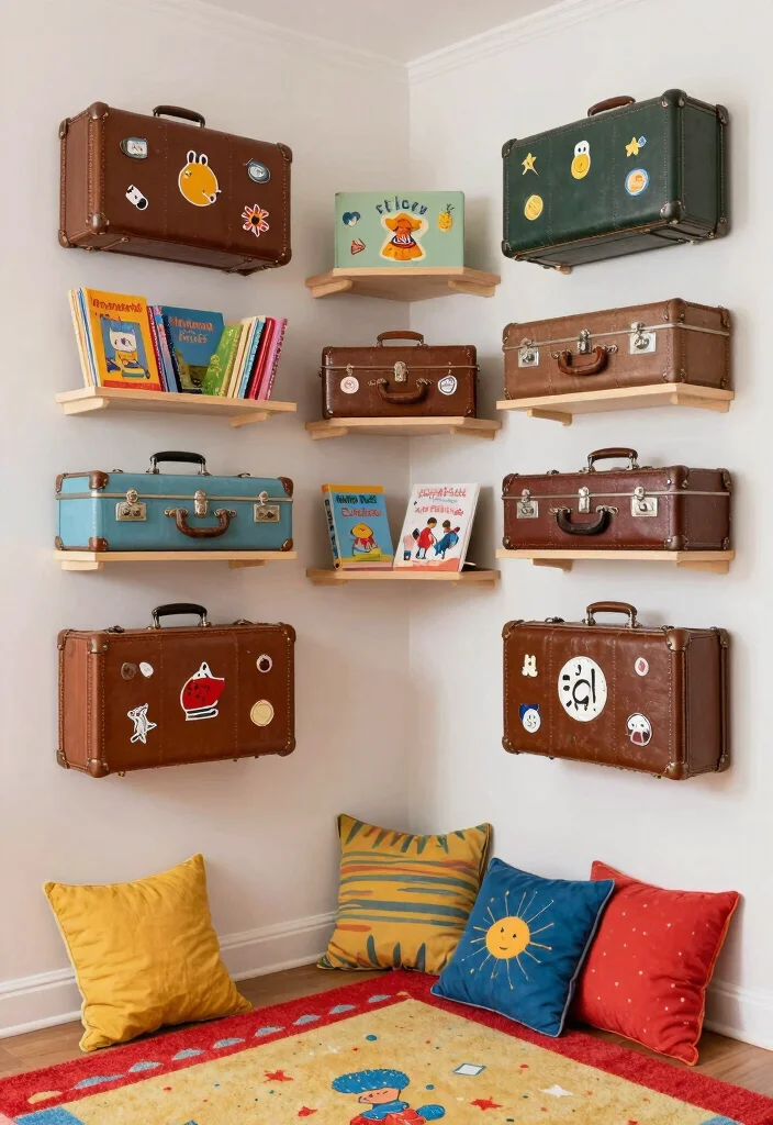 11 Cute Nursery Book Shelf Wall Ideas Kids Room 5. Vintage Suitcase Shelving 0
