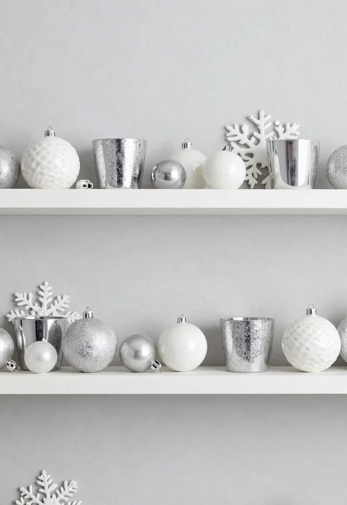 11 Festive Christmas Shelf Decor Ideas for Wall Shelves 4. Monochromatic Elegance 0