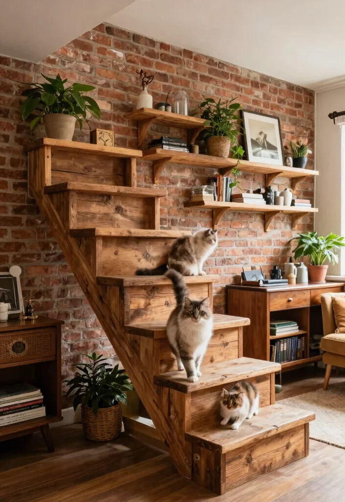 11 Fun Cat Wall Shelf Ideas for Indoor Pet Playgrounds 3. Rustic Wooden Staircase Shelves 0