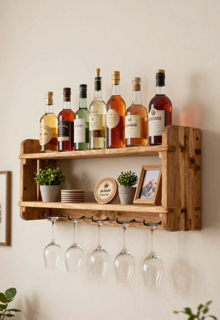11 Fun Wall Bar Shelf Ideas for Home Entertaining 1. Rustic Wooden Pallet Shelf 0