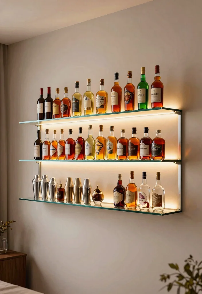 11 Fun Wall Bar Shelf Ideas for Home Entertaining 2. Floating Shelf Bar 0