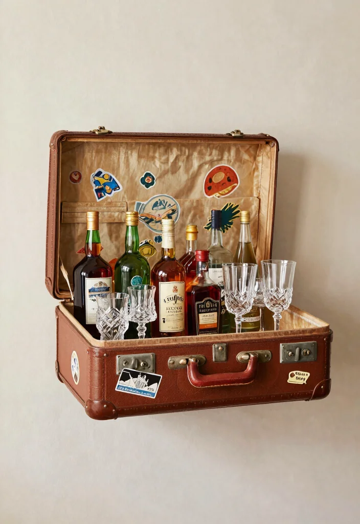 11 Fun Wall Bar Shelf Ideas for Home Entertaining 3. Vintage Suitcase Bar 0