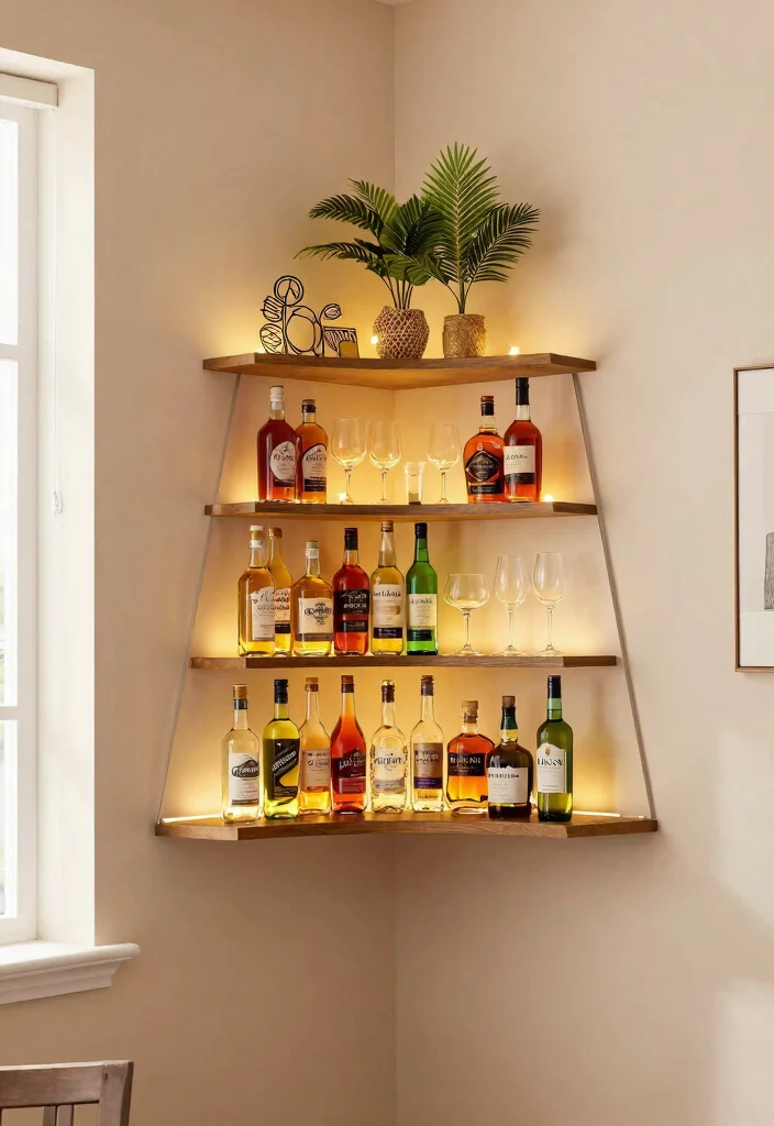 11 Fun Wall Bar Shelf Ideas for Home Entertaining 5. Corner Shelf Bar 0