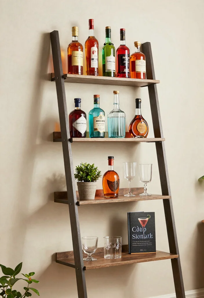 11 Fun Wall Bar Shelf Ideas for Home Entertaining 6. Ladder Shelf Bar 0