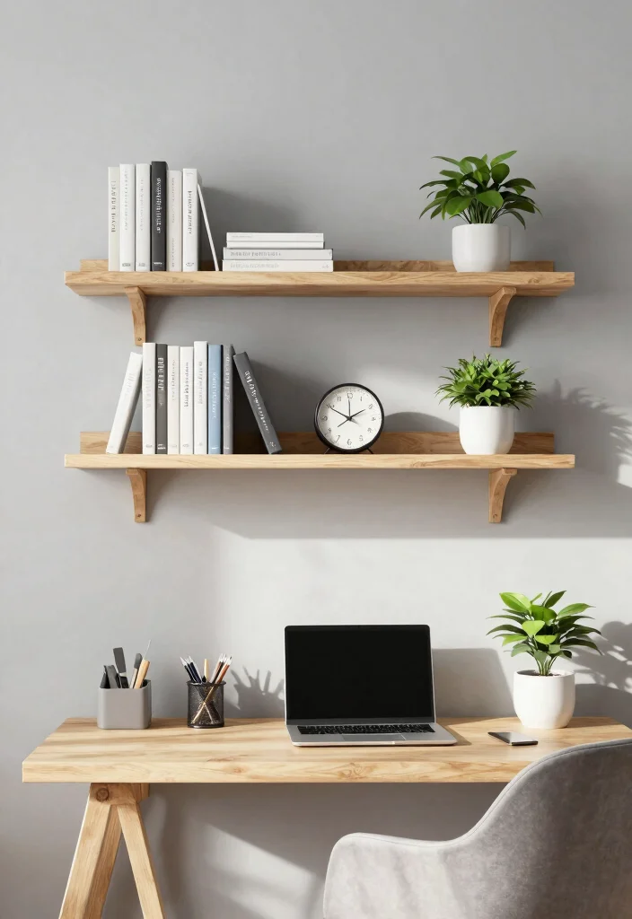 11 Productive Office Wall Shelf Ideas for Remote Work 1. Floating Shelves for a Clean Look 0