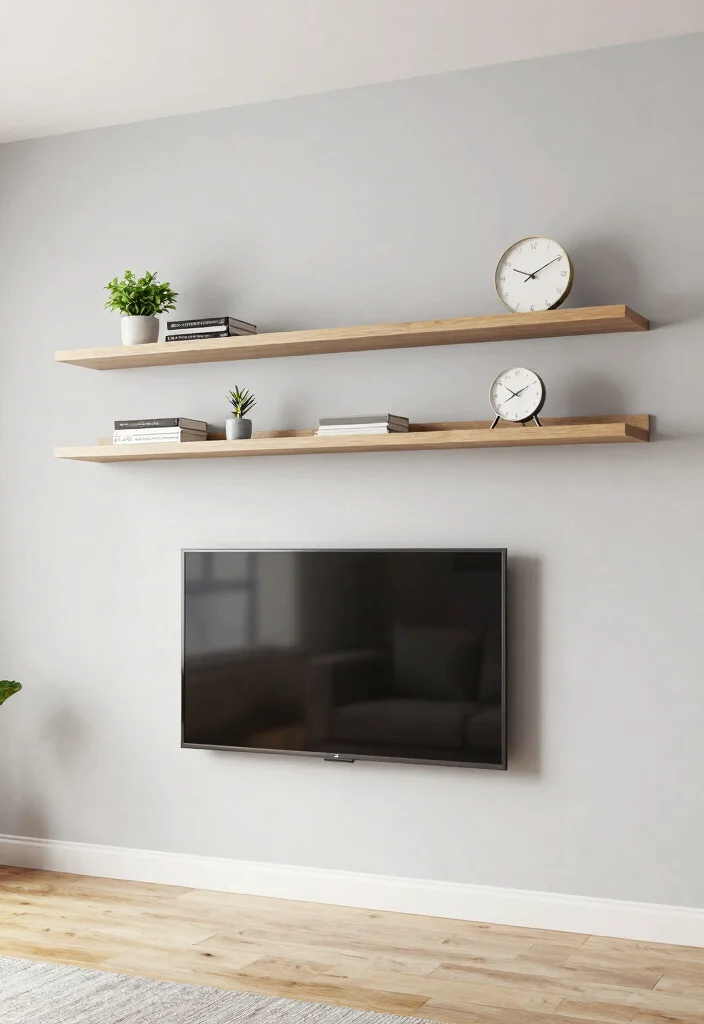 11 Smart TV Wall Shelf Ideas to Hide Messy Cords 1. Floating Shelves for a Minimalist Touch 0