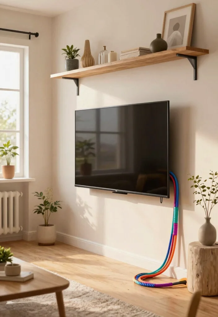 11 Smart TV Wall Shelf Ideas to Hide Messy Cords 11. Color Coded Cords 0