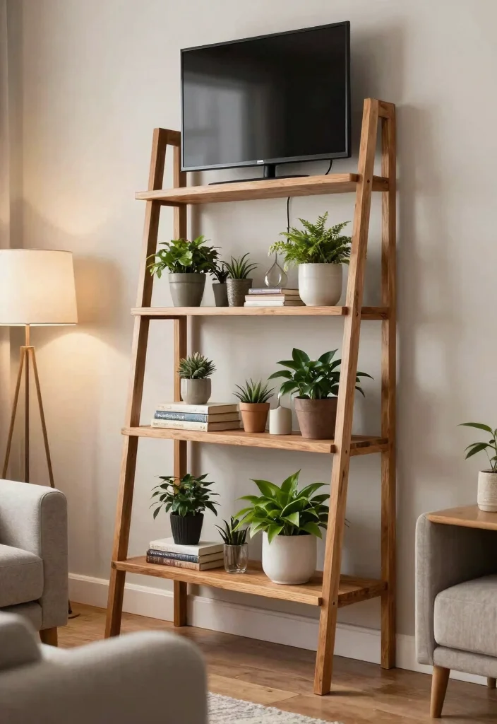 11 Smart TV Wall Shelf Ideas to Hide Messy Cords 4. Ladder Shelves for a Trendy Look 0
