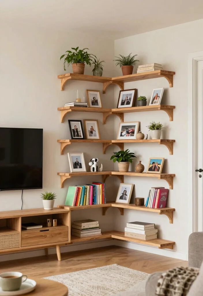 11 Smart TV Wall Shelf Ideas to Hide Messy Cords 6. Corner Shelves for Unused Space 0