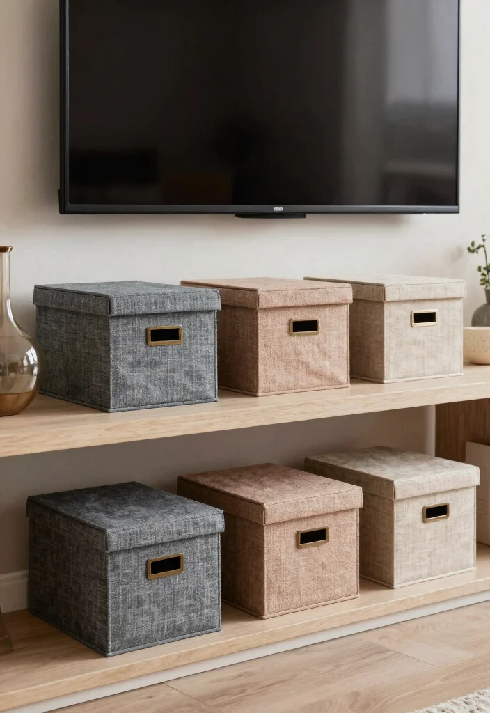 11 Smart TV Wall Shelf Ideas to Hide Messy Cords 9. Decorative Boxes for Storage 0