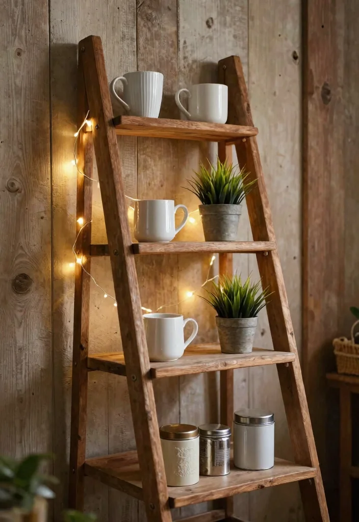 13 Cozy Coffee Bar Shelf Ideas for Rustic Farmhouse Charm 1. Vintage Wooden Ladder Shelf 0