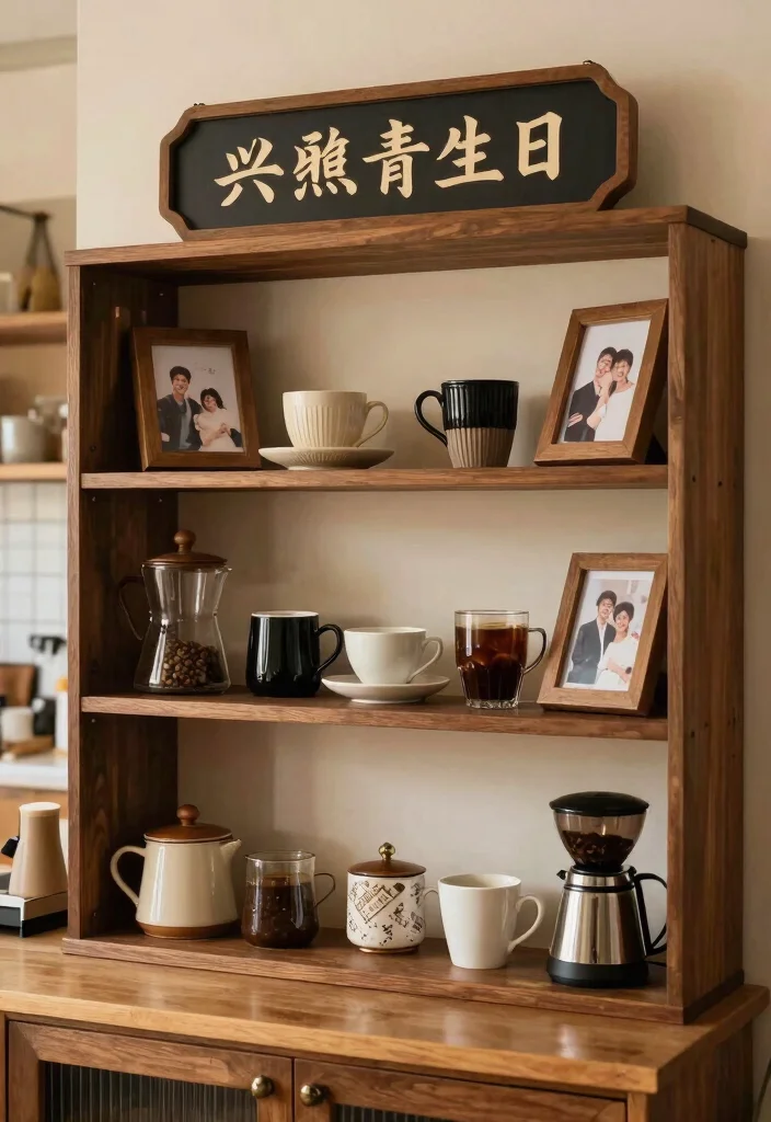 13 Cozy Coffee Bar Shelf Ideas for Rustic Farmhouse Charm 10. Open Shelf Coffee Bar with Personal Touches 0