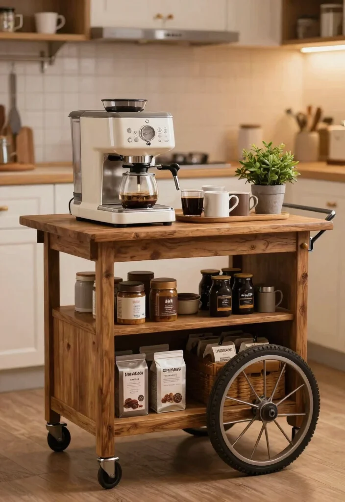 13 Cozy Coffee Bar Shelf Ideas for Rustic Farmhouse Charm 13. Rustic Farmhouse Cart for Coffee Station 0