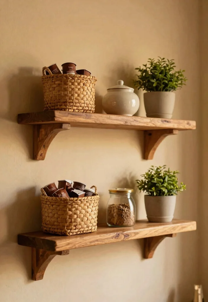13 Cozy Coffee Bar Shelf Ideas for Rustic Farmhouse Charm 2. Floating Shelves with Decorative Baskets 0
