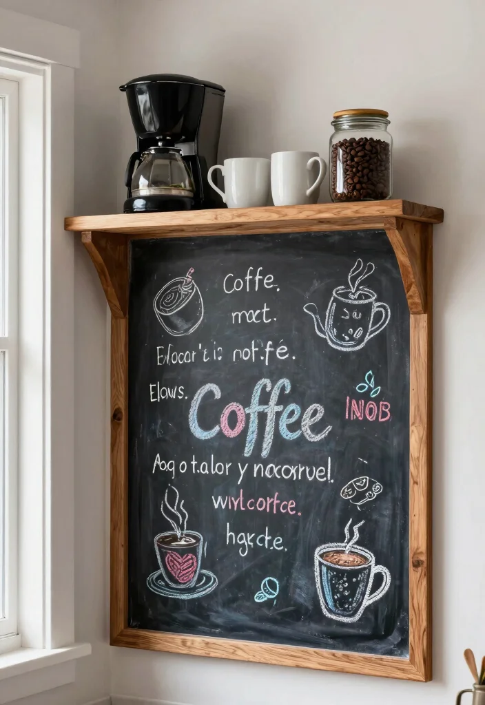 13 Cozy Coffee Bar Shelf Ideas for Rustic Farmhouse Charm 3. Chalkboard Wall Shelf 0