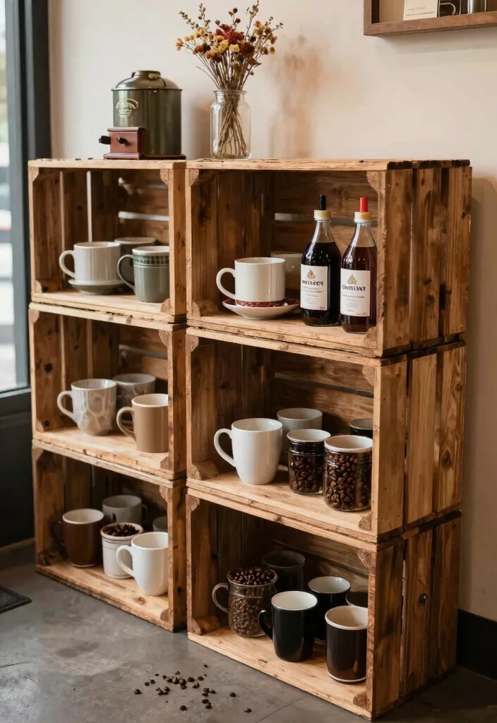 13 Cozy Coffee Bar Shelf Ideas for Rustic Farmhouse Charm 4. Rustic Crate Display 0