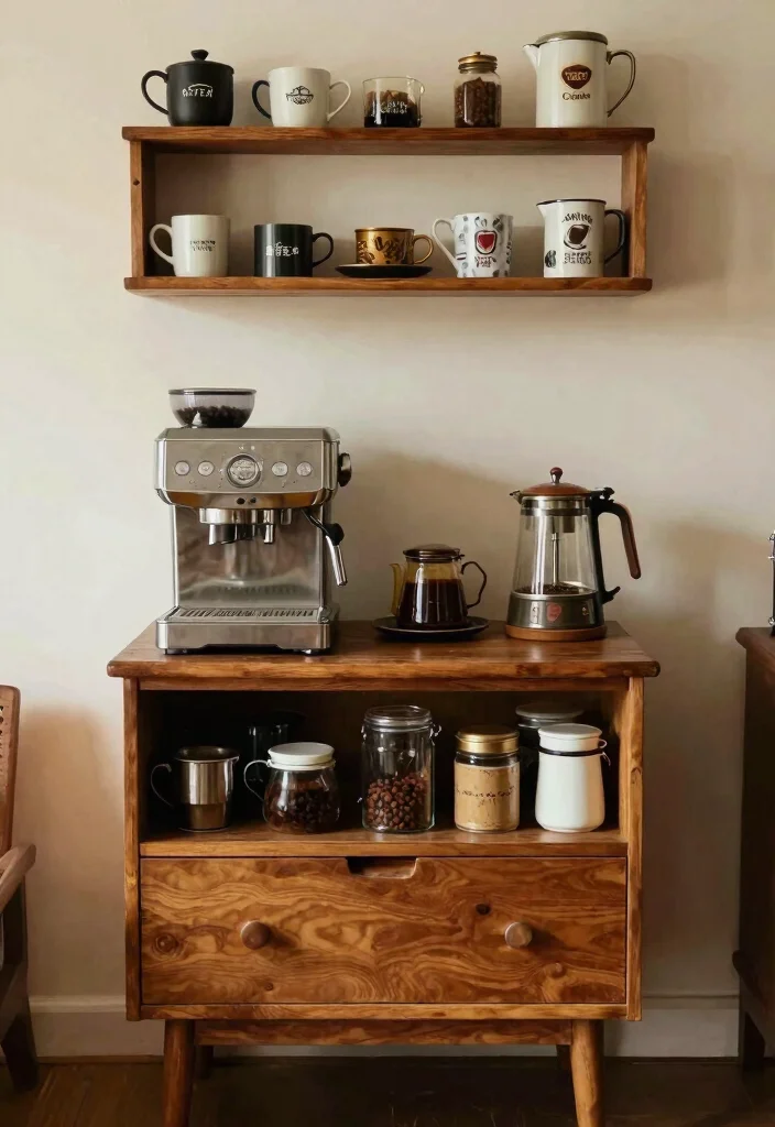 13 Cozy Coffee Bar Shelf Ideas for Rustic Farmhouse Charm 6. Repurposed Vintage Furniture 0