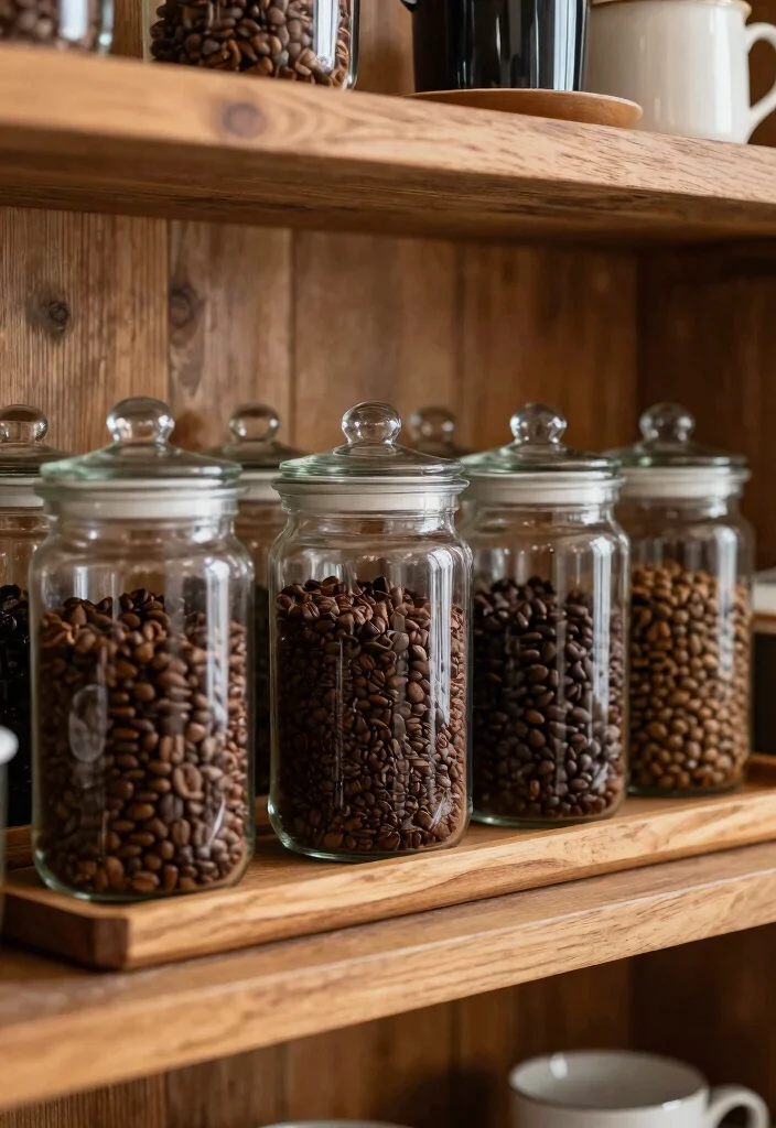 13 Cozy Coffee Bar Shelf Ideas for Rustic Farmhouse Charm 8. Elegant Glass Jars for Coffee Storage 0