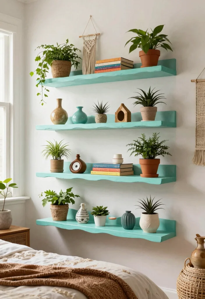 13 Dreamy Bedroom Wall Shelf Ideas Above Bed 1. Floating Shelves with a Twist 0