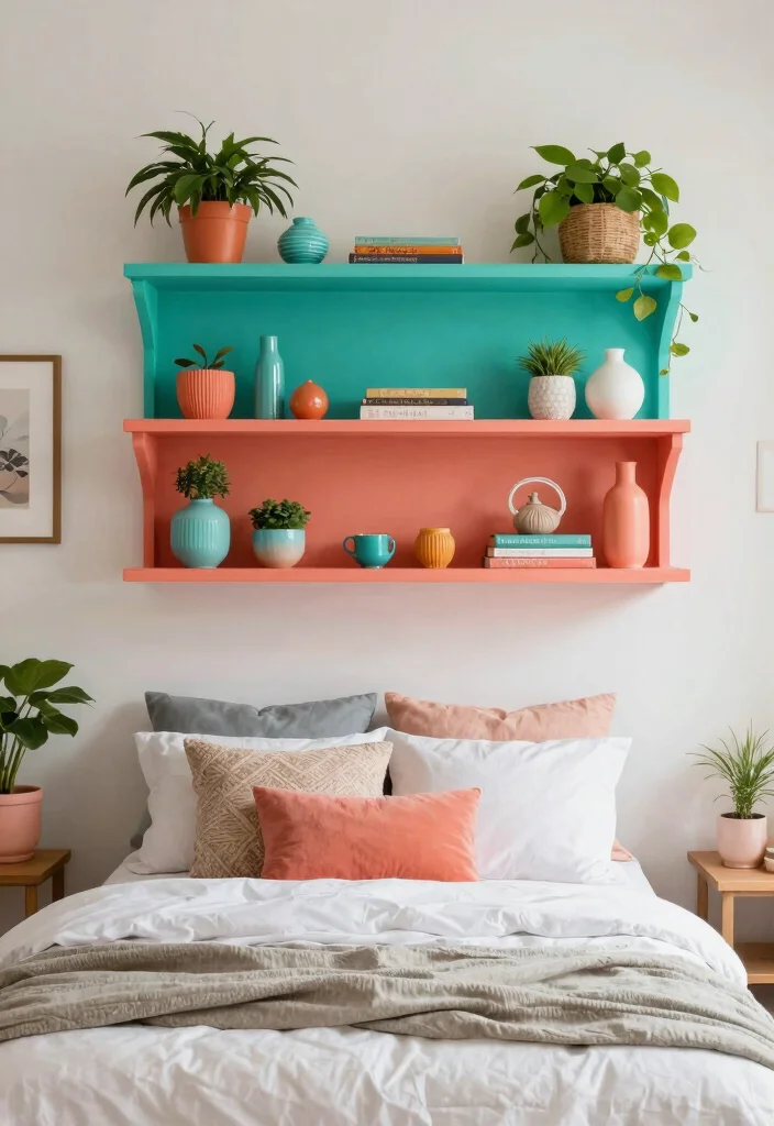 13 Dreamy Bedroom Wall Shelf Ideas Above Bed 13. Brightly Colored Accent Shelves 0