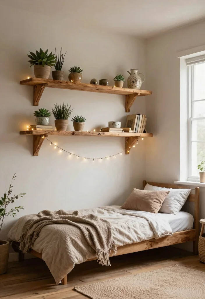 13 Dreamy Bedroom Wall Shelf Ideas Above Bed 2. Rustic Wooden Shelves 0
