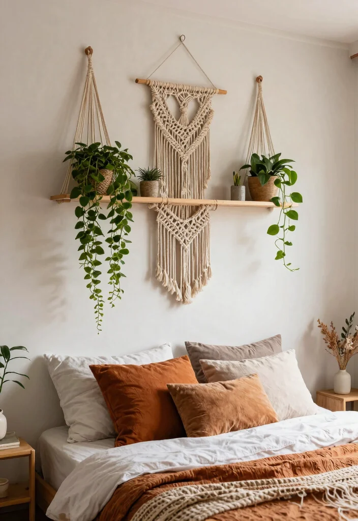 13 Dreamy Bedroom Wall Shelf Ideas Above Bed 4. Macrame and Hanging Shelves 0