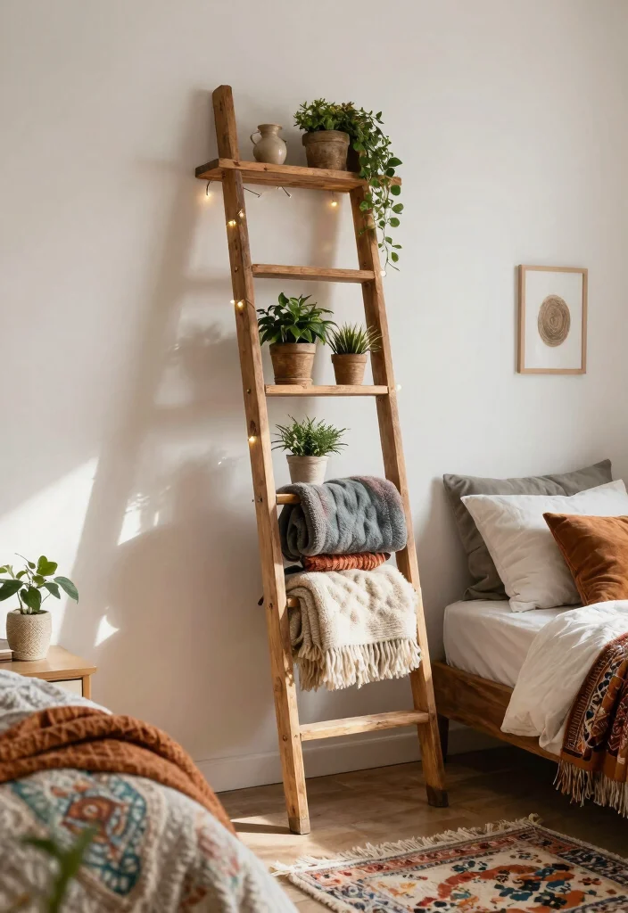 13 Dreamy Bedroom Wall Shelf Ideas Above Bed 6. Vintage Ladder Shelf 0