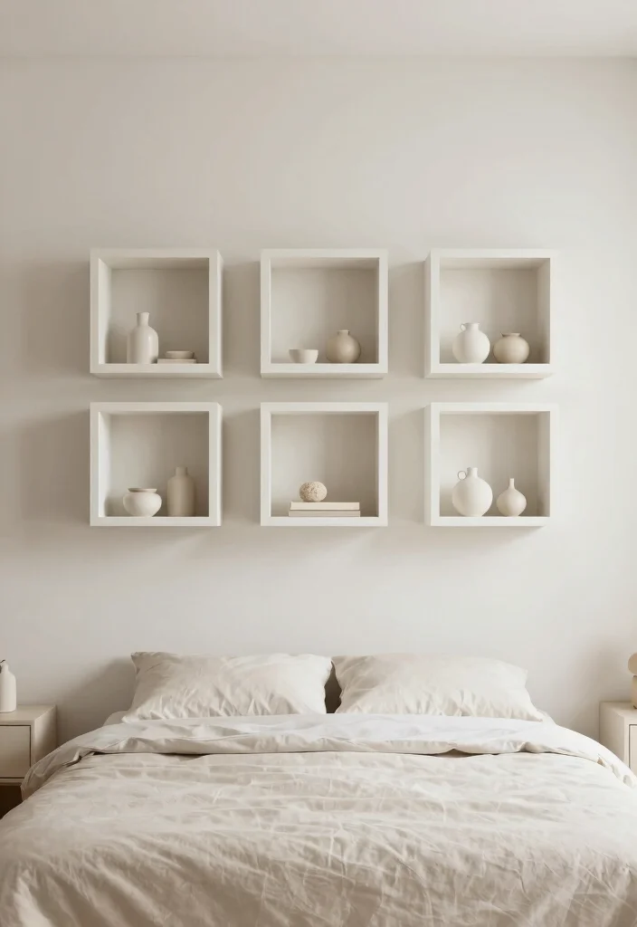 13 Dreamy Bedroom Wall Shelf Ideas Above Bed 9. Minimalist Floating Boxes 0