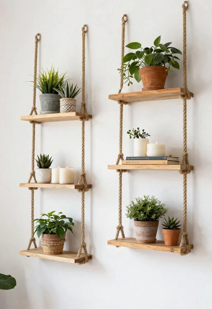13 Genius DIY Wall Shelf Ideas on a Tiny Budget 9 13 Genius DIY Wall Shelf Ideas on a Tiny Budget 9. Hanging Shelves with Rope 0