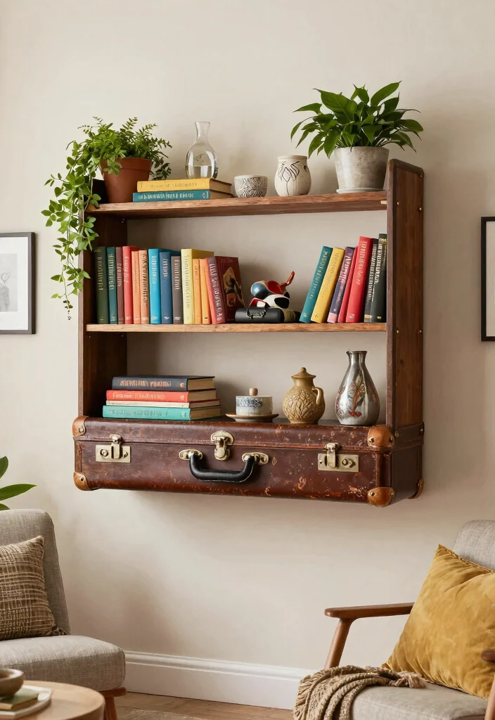 13 Perfect Small Wall Shelf Ideas for Tiny Apartments 5. Vintage Suitcase Shelves for a Unique Look 0