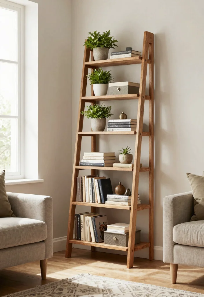 13 Perfect Small Wall Shelf Ideas for Tiny Apartments 8. Ladder Shelves for Vertical Appeal 0