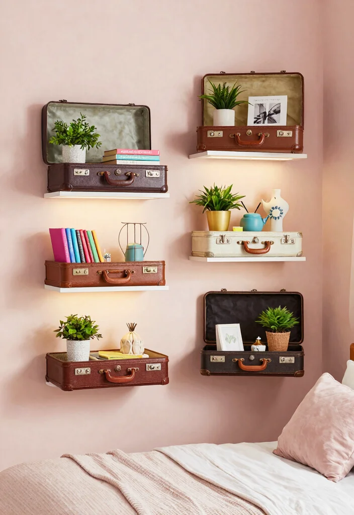 13 Relaxing Bedroom Wall Shelf Ideas Cozy Decor 12. Vintage Suitcase Shelves 0