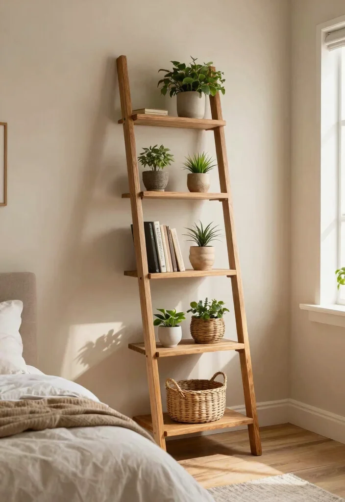13 Relaxing Bedroom Wall Shelf Ideas Cozy Decor 7. Decorative Ladder Shelf 0
