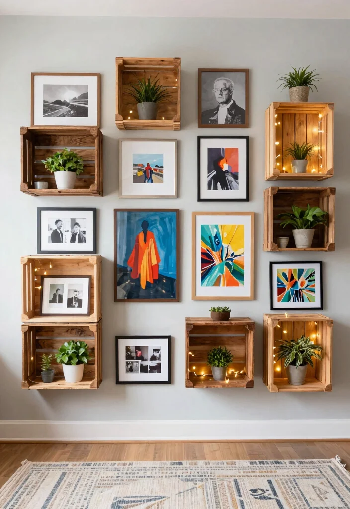 13 Rustic Wood Crate Shelves on Wall Shelf Ideas 1. Wall mounted Crate Display for a Gallery Feel 0