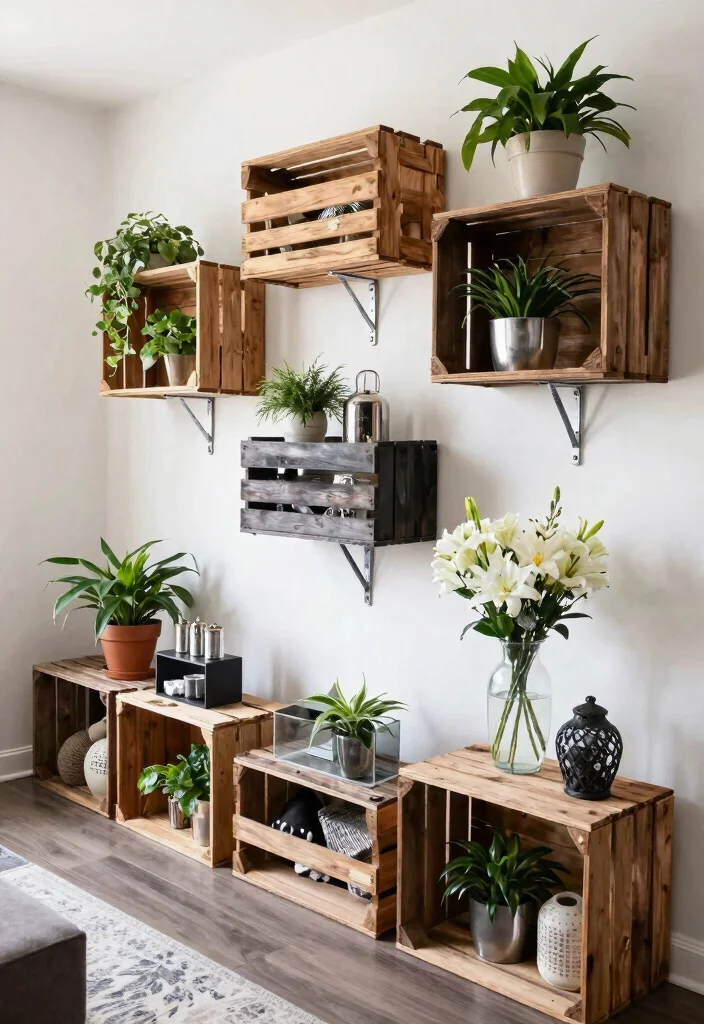 13 Rustic Wood Crate Shelves on Wall Shelf Ideas 10. Mixed Media Crate Decor 0
