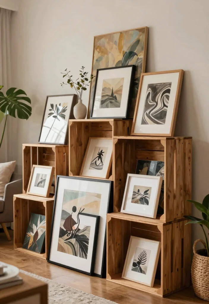 13 Rustic Wood Crate Shelves on Wall Shelf Ideas 12. Crates Styled with Artwork 0