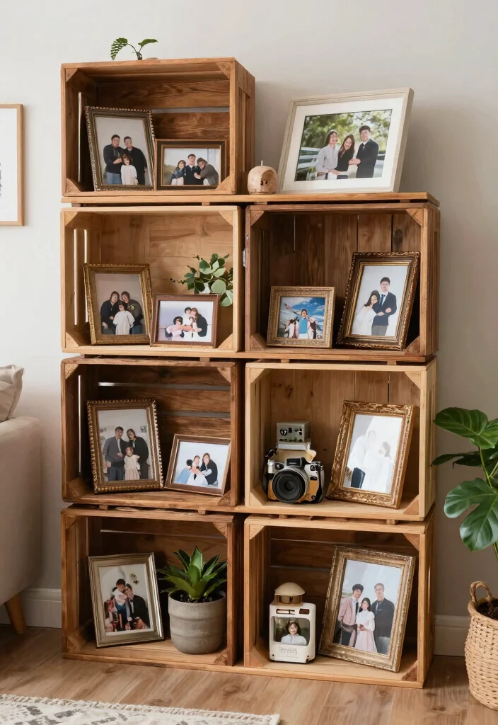13 Rustic Wood Crate Shelves on Wall Shelf Ideas 13. Crate Shelves with Personal Touches 0