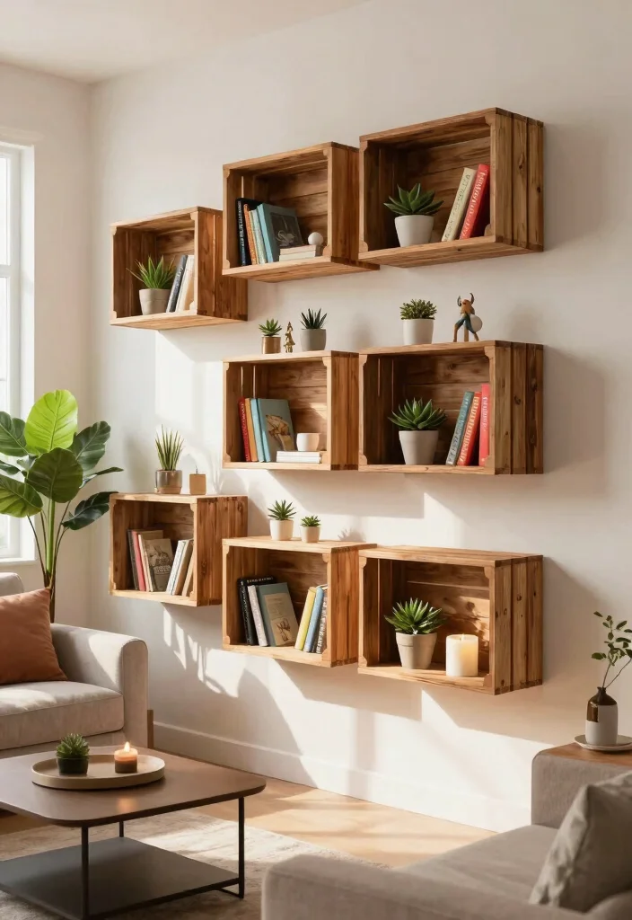 13 Rustic Wood Crate Shelves on Wall Shelf Ideas 2. Crates as Floating Shelves 0
