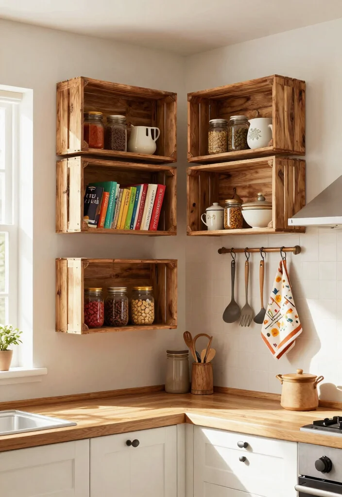13 Rustic Wood Crate Shelves on Wall Shelf Ideas 4. Crate Shelves in the Kitchen 0