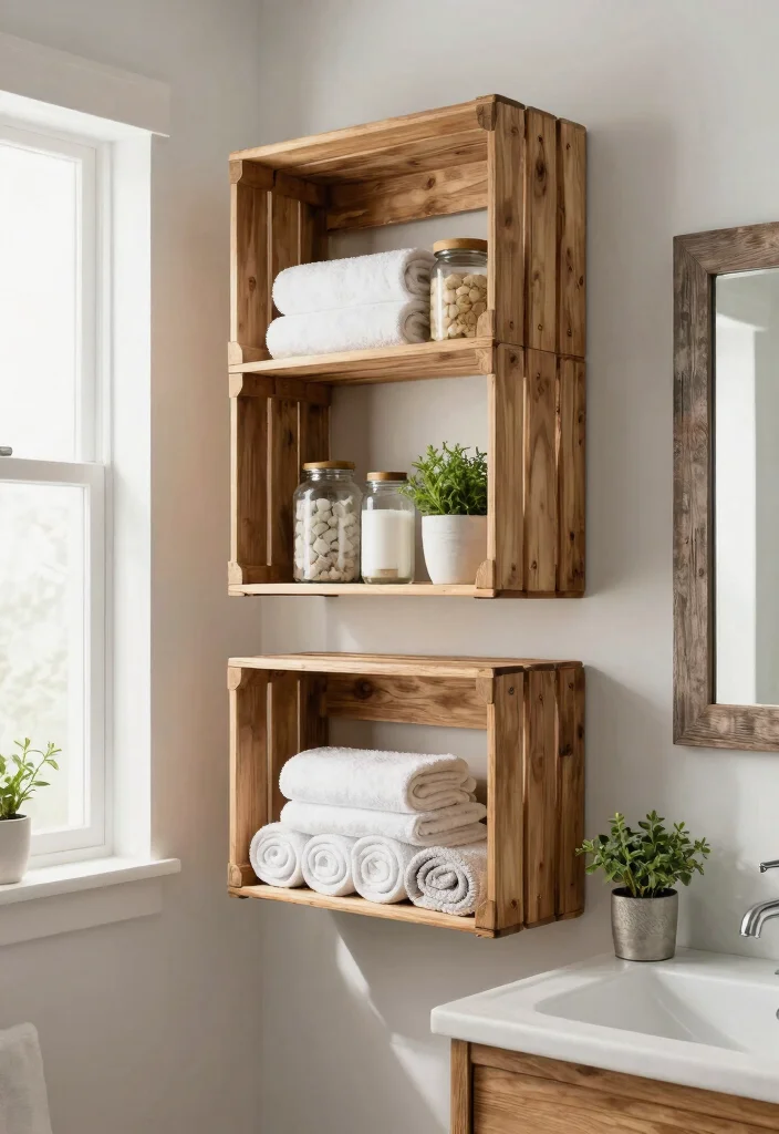 13 Rustic Wood Crate Shelves on Wall Shelf Ideas 5. Crate Shelves in the Bathroom 0