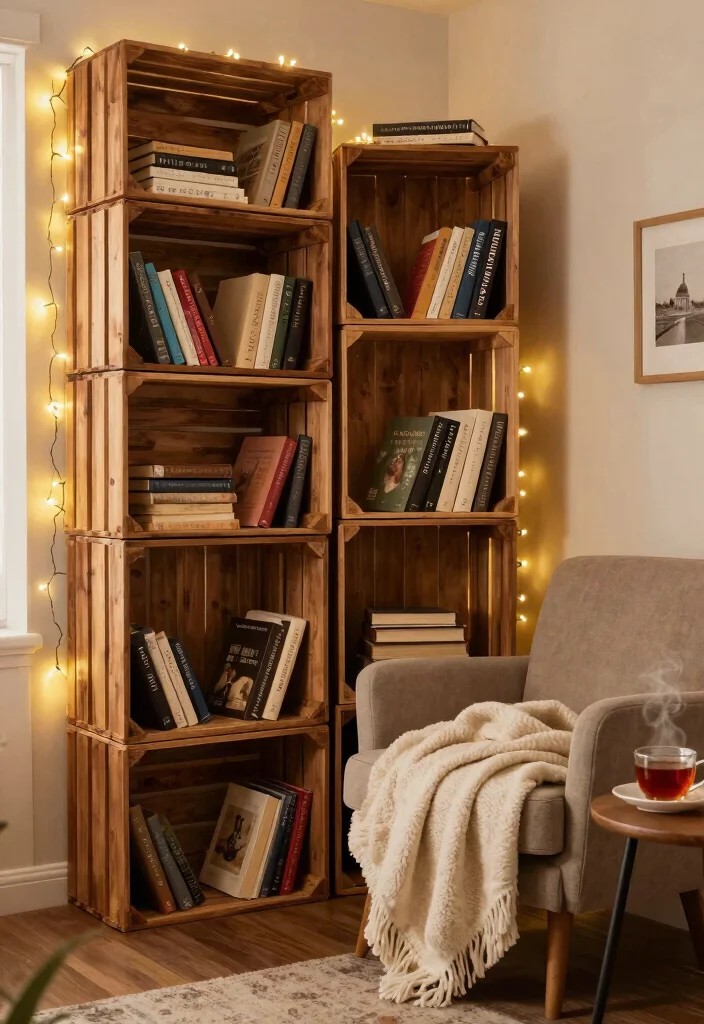 13 Rustic Wood Crate Shelves on Wall Shelf Ideas 9. Crate Bookshelves for a Cozy Reading Nook 0