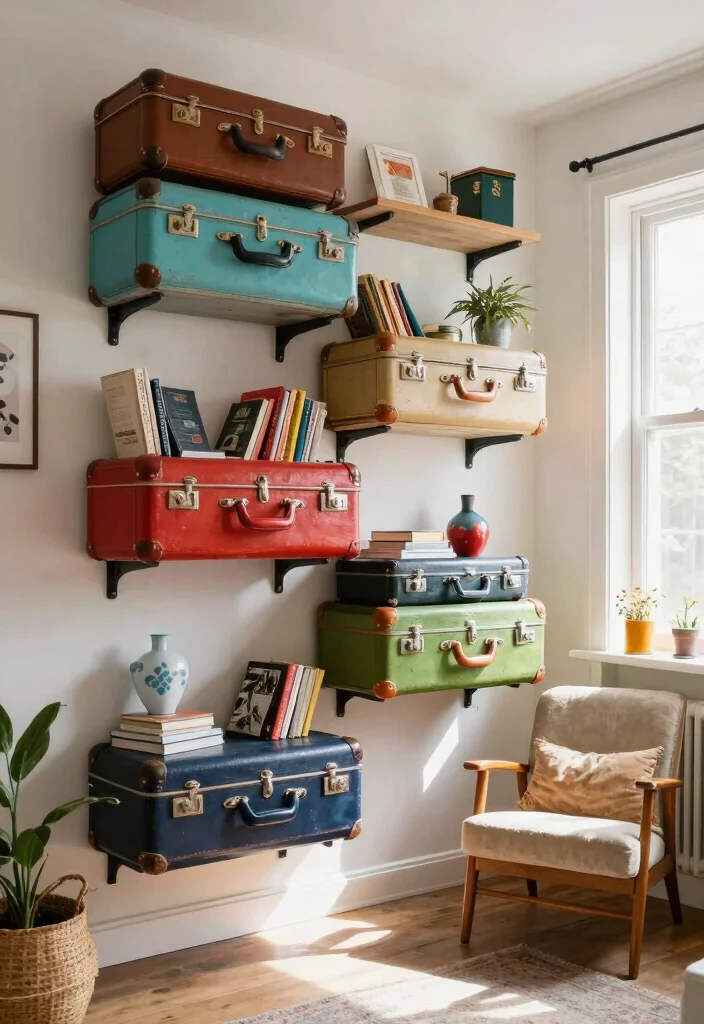 13 Sleek Wall Mounted Bookcase Ideas for Small Rooms 13. Vintage Suitcase Shelves 0