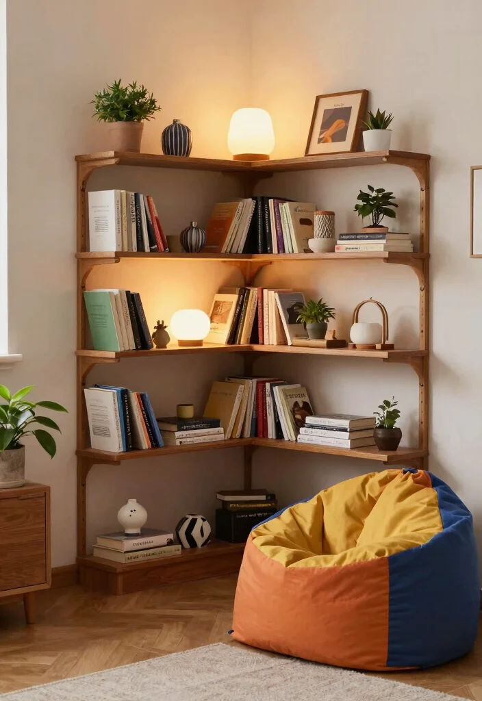 13 Sleek Wall Mounted Bookcase Ideas for Small Rooms 2. Corner Book Nook 0