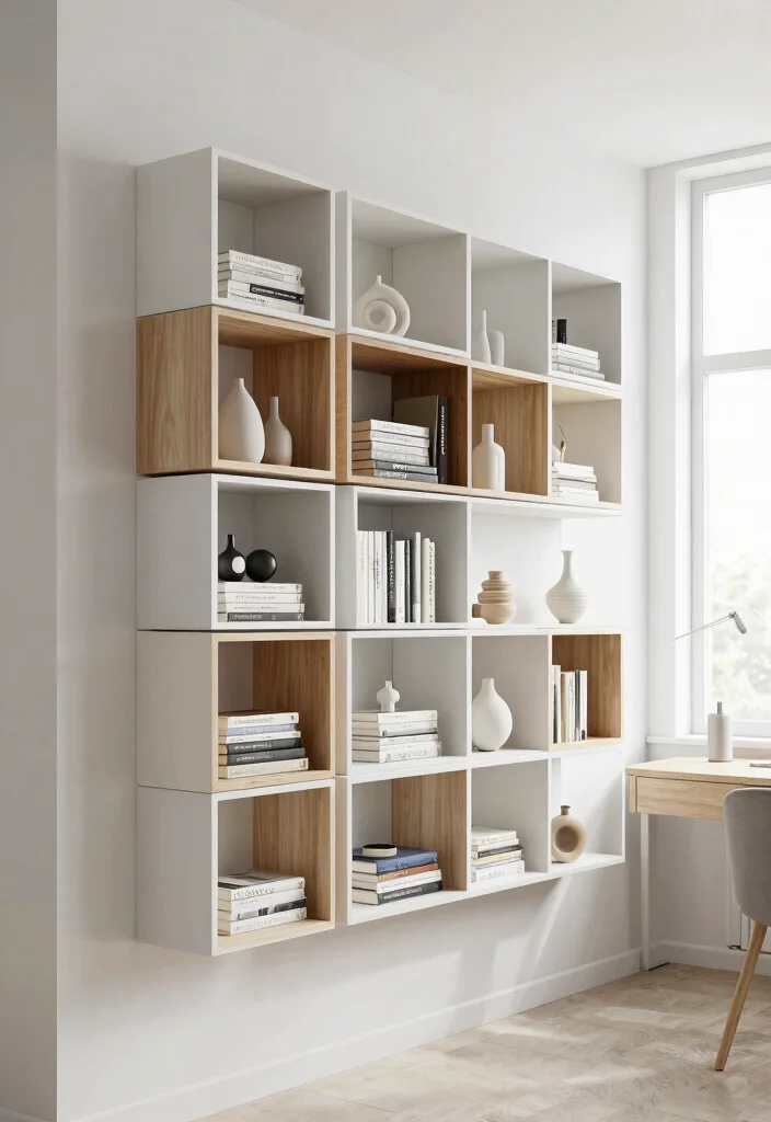 13 Sleek Wall Mounted Bookcase Ideas for Small Rooms 4. Minimalist Box Shelving 0